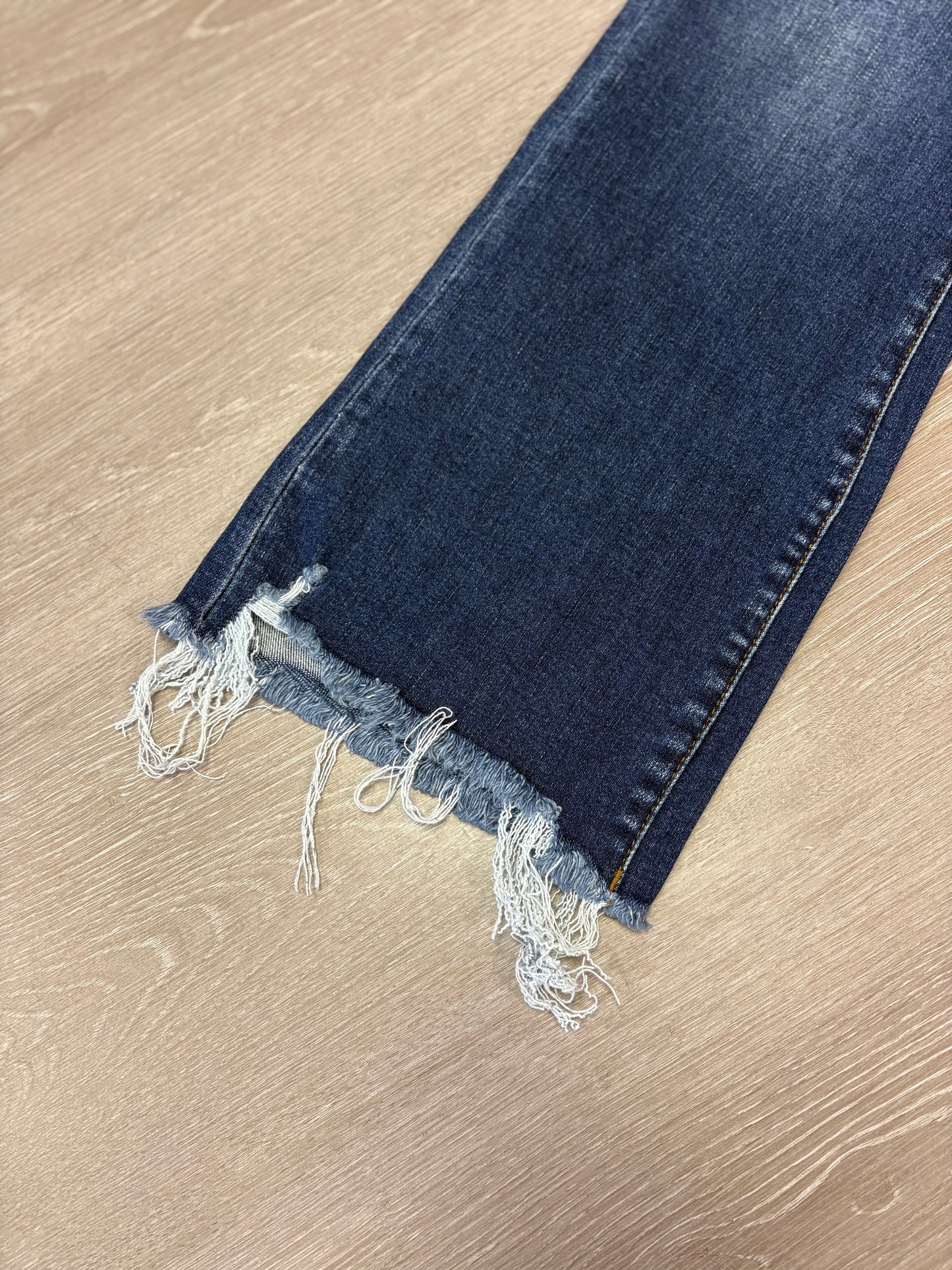 High Rise Distressed Hem Kick Flare Jeans