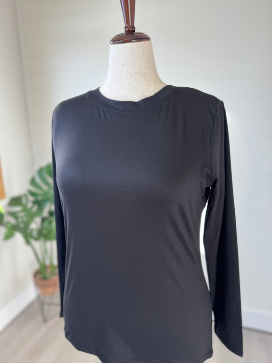 Brushed Microfiber Long Sleeve Round Neck Tee-Black