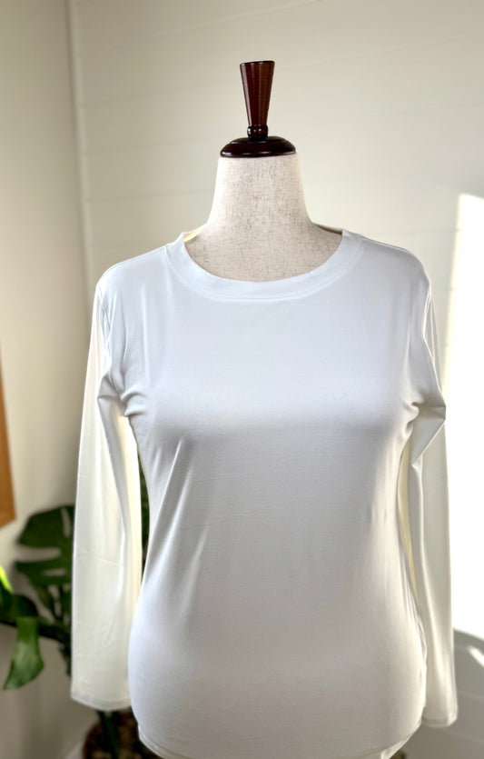 Brushed Microfiber Long Sleeve Round Neck Tee-White